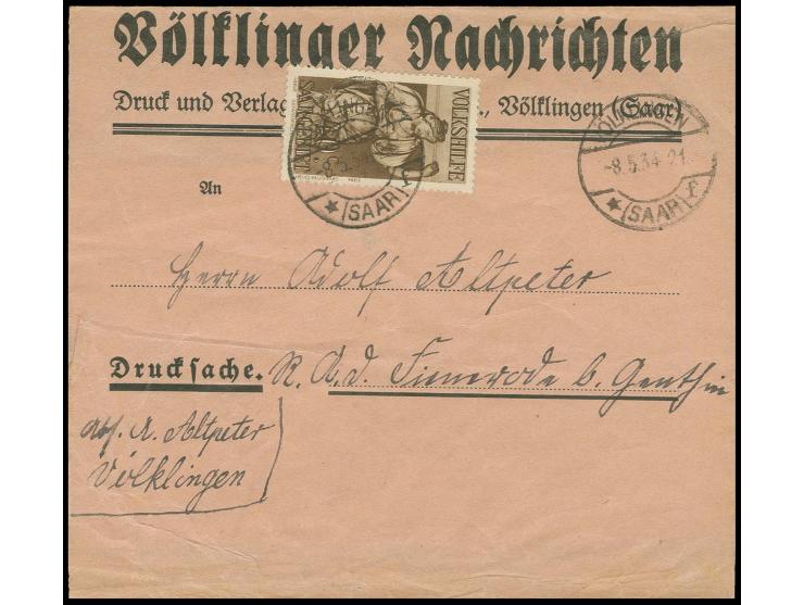 1929, Volkshilfe 40 Pfg. mit Stempel "VÖLKLINGEN 8.5.34" auf Streifband der Völklinger Nachrichten, kleine Einschränkungen, s