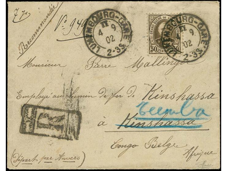 50 c. tied by cds. "LUXEMBOURG-GARE 4 9 02" to registered cover to Kinshasa, Belgium Kongo, re-directed to Tumba with transit