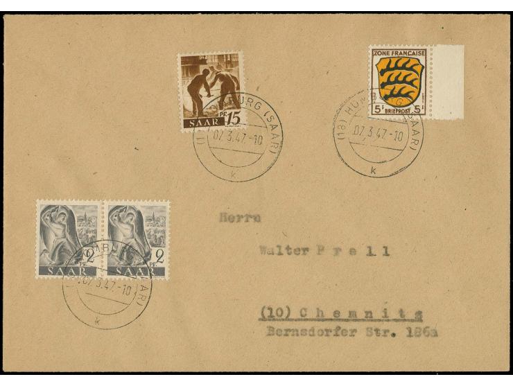 SAARLAND: 1947, Arbeiter 2 Pfg. im waagerechtem Paar mit Zufrankatur mit Stempel "HOMBURG 7.3.47" auf Erstagsbrief nach Chemn