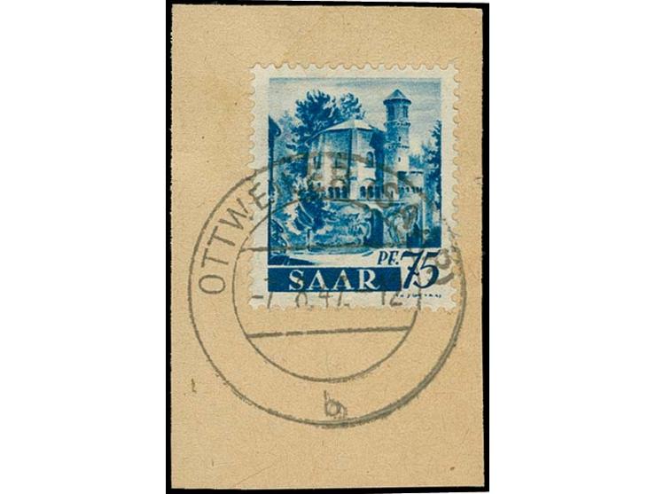 1947, Ansichten 75 Pfg. mit fallendem Wasserzeichen, mit klarem Stempel "OTTWEILER -7.8.47" auf Briefstück, tadellos, selten,