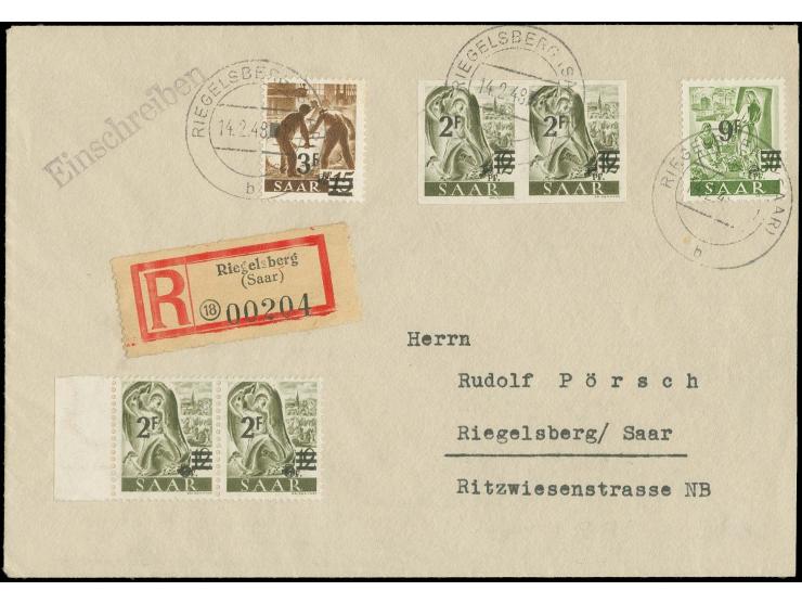 2 Fr. im ungezähnten waagerechten Paar mit Zufrankatur mit Stempel "RIEGELSBERG 14.2.48" auf portogerechtem Orts-R-Brief, ein