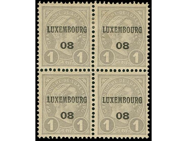 1 c. pre-cancelled "LUXEMBOURG 08" in block of 4, unused o.g.