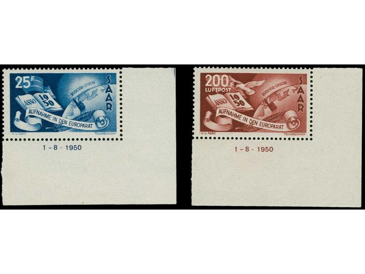 1950, Europarat 25-200 Fr. je aus der rechten unteren Bogenecke mit Druckdatum, postfrisch, tadellos, Befund Ney