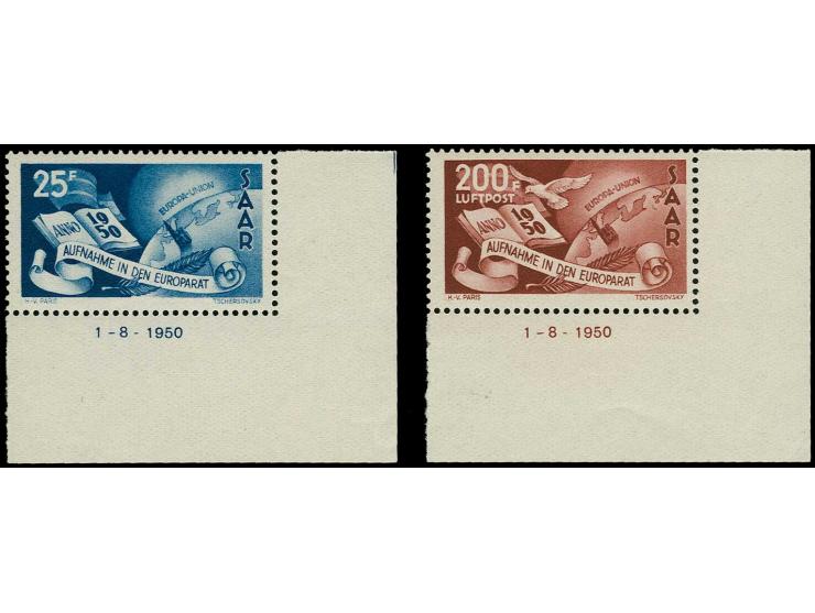 1950, Europarat 25-200 Fr. je aus der rechten unteren Bogenecke mit Druckdatum, postfrisch, tadellos, Befund Ney