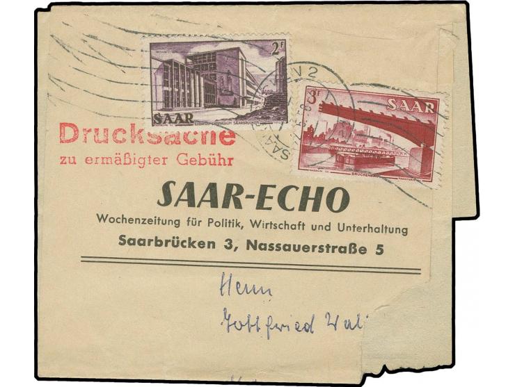 1952, Ansichten 2-3 Fr. mit Maschinenstempel "SAARBRÜCKEN 22.5.56" auf Drucksache zu ermäßigter Gebühr, unten mit kleinem Aus