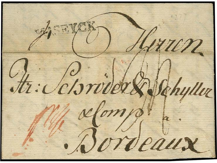 1777, kpl. Brief von Danzig mit vorderseitigem Transitstempel "MASEYCK" nach Bordeaux