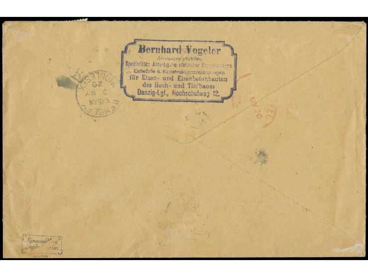 1920, Germania 35 Pfg., 10 Pfg. (2), 3 Pfg. und 2 Pfg. mit Stempel "DANZIG-NEUFAHRWASSER 27.4.20" als portogerechte Frankatur