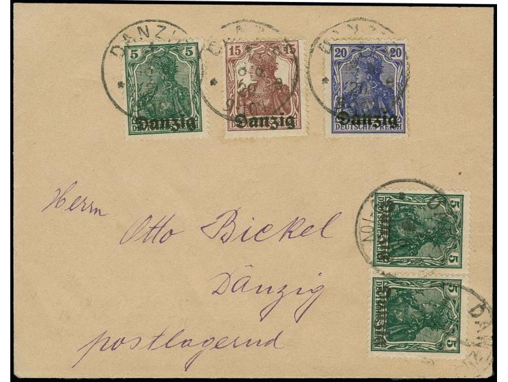 1920, Germania 5 Pfg. im waagerechten Paar mit Zufrankatur mit Stempel "DANZIG 1 e 18.620" auf Brief mit voraus bezahlter Pos