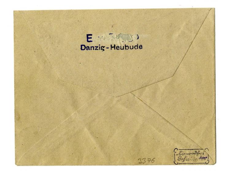 1920, Germania 5 Pfg. im waagerechten Paar mit Zufrankatur mit Stempel "DANZIG 1 e 18.620" auf Brief mit voraus bezahlter Pos
