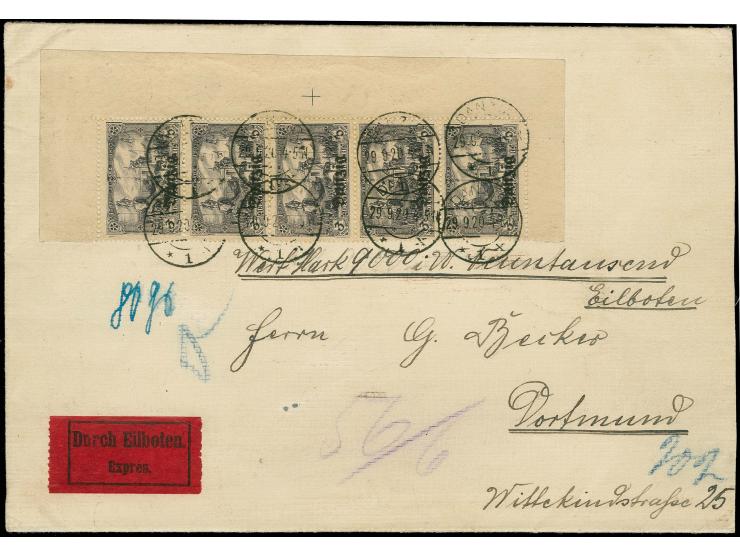 3 M. im senkrechten 5er-Streifen vom rechten Bogenrand mit allen Seitenrändern, mit Stempel "DANZIG 29.9.20" auf Eil-Wertbief