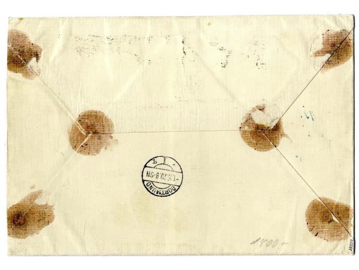 3 M. im senkrechten 5er-Streifen vom rechten Bogenrand mit allen Seitenrändern, mit Stempel "DANZIG 29.9.20" auf Eil-Wertbief