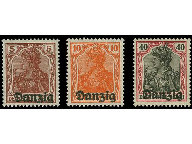 Nicht ausgegeben: Germania 5 Pfg. siena, 10 Pfg. rötlichorange und 40 Pfg. lilarot/schwarz mit Aufdruck, postfrisch, Kabinett
