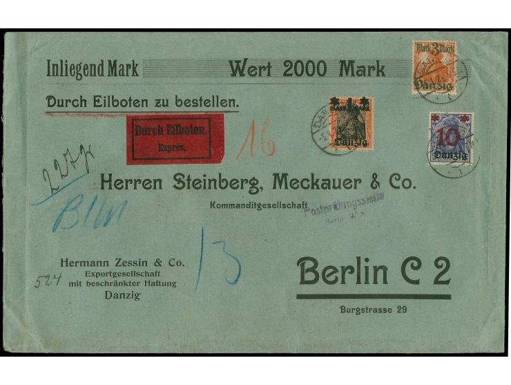 3 M. mit Zufrankatur mit Stempel "DANZIG -5.1.21" auf portogerechtem Eil-Wertbief nach Berlin, Brief rechts mit senkrechtem B