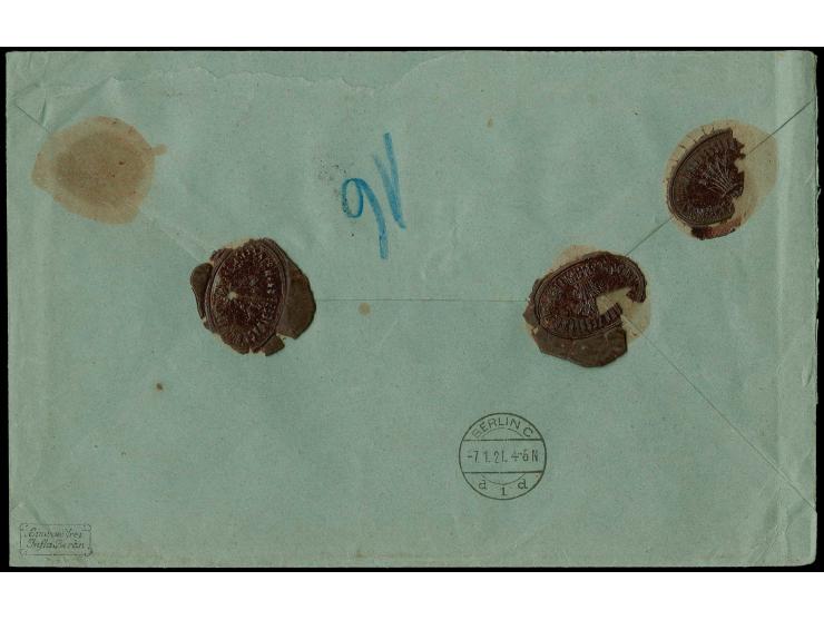 3 M. mit Zufrankatur mit Stempel "DANZIG -5.1.21" auf portogerechtem Eil-Wertbief nach Berlin, Brief rechts mit senkrechtem B