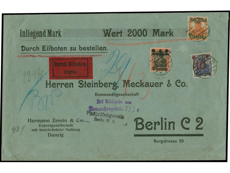 3 M. mit Zufrankatur mit Stempel "DANZIG -25.11.20" auf portogerechtem Eil-Wertbief nach Berlin, Mi.-Nr. 41 mit Klischeenagel