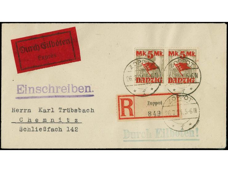 5 M. im waagerechtem Paar ohne Netzunterdruck mit sauberem Stempel "ZOPPOT 26.7.21" auf Eil-R-Brief nach Chemnitz, selten, ta