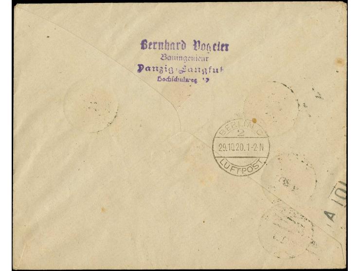 1920, Flugpost 40Pf.-1M. mit Zufrankatur mit Stempel "DANZIG 28.10.20" auf als Einschreiben freigemachtem Luftpostbrief nach 