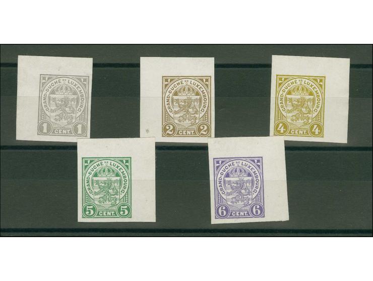 1907, coat of arms 1 c.-6 c. imperforated on chalk surfaced paper, all from sheet corners, unused without gum