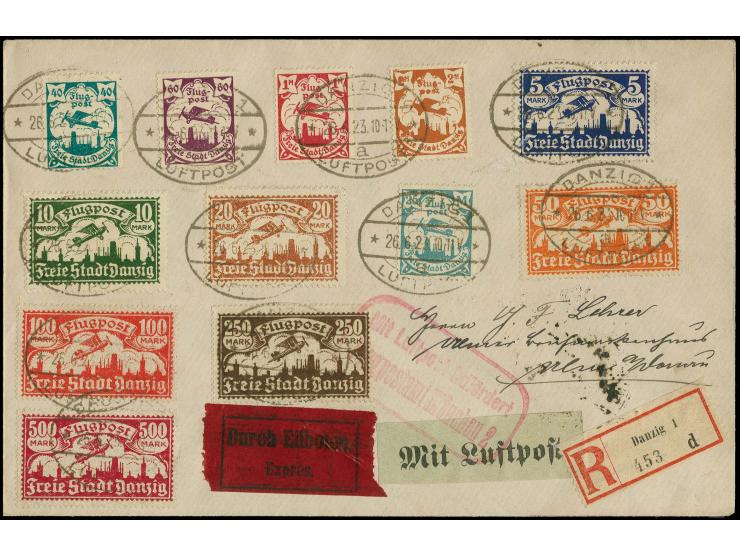 1923, Flugpost 40 Pfg. - 20 M. kpl. mit Zufrankatur auf R-Luftpostbrief von "DANZIG-LUFTPOST a 26.6.23" nach Ulm mit Flugpost