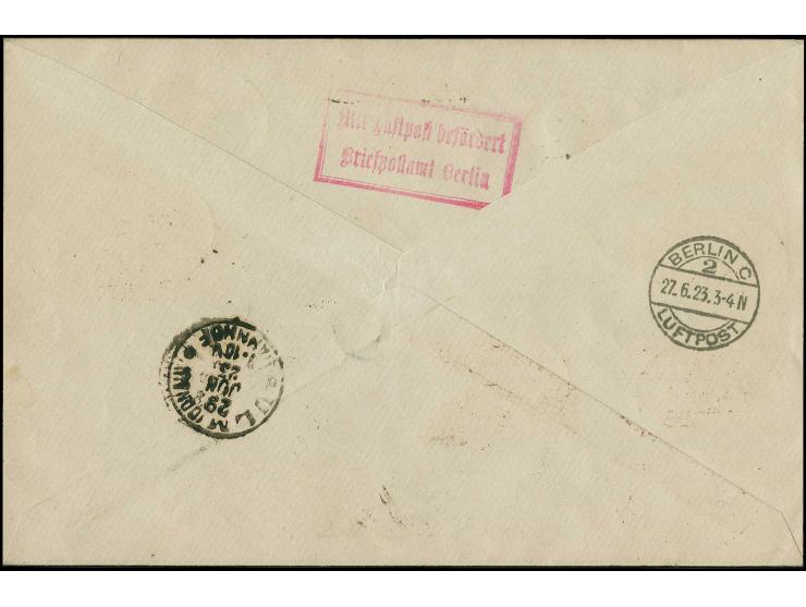 1923, Flugpost 40 Pfg. - 20 M. kpl. mit Zufrankatur auf R-Luftpostbrief von "DANZIG-LUFTPOST a 26.6.23" nach Ulm mit Flugpost