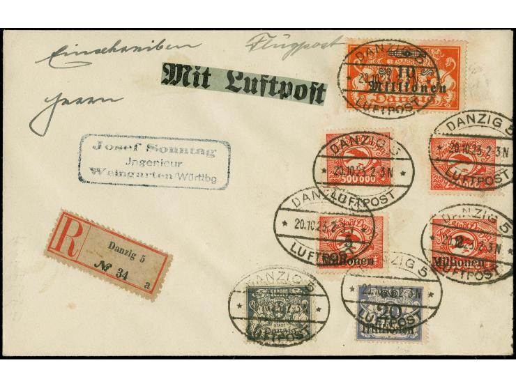 1923, Flugpost 250000 M.-5 Mio. auf 50000M. mit Zufrankatur mit Stempel "DANZIG LUFTPOST 20.10.23" auf R-Brief nach Weingarte