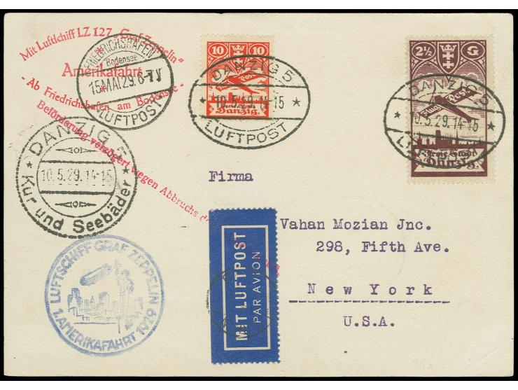 2 1/2 G. mit Plattenfehler "G von Gulden gebrochen" und 10 Pfg. rot mit Stempel "DANZIG 5 LUFTPOST 10.5.29" auf Zeppelinkarte