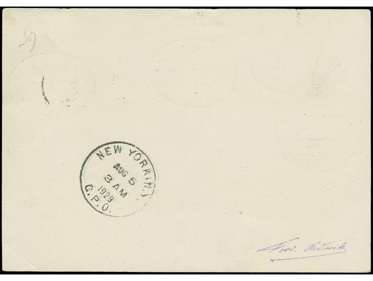 2 1/2 G. mit Plattenfehler "G von Gulden gebrochen" und 10 Pfg. rot mit Stempel "DANZIG 5 LUFTPOST 10.5.29" auf Zeppelinkarte