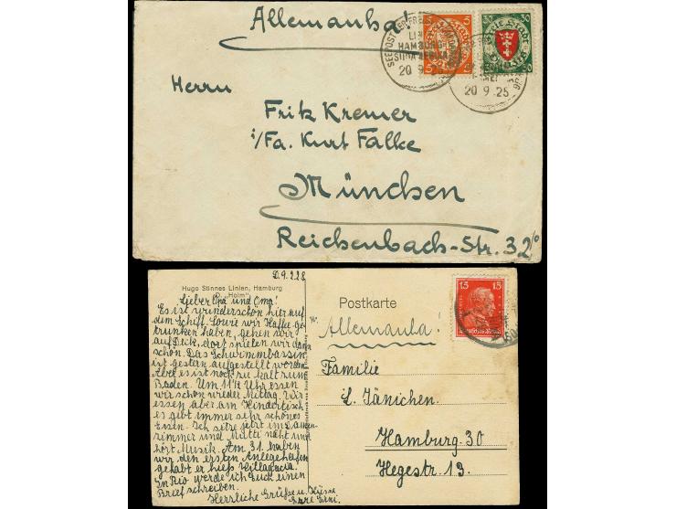 "SEEPOST DER FREIEN STADT DANZIG LINIE HAMBURG-SÜDAMERIKA 20.9.25" (D. Holm), zweimal klar auf Brief mit Staatswappen 30 Pfg.