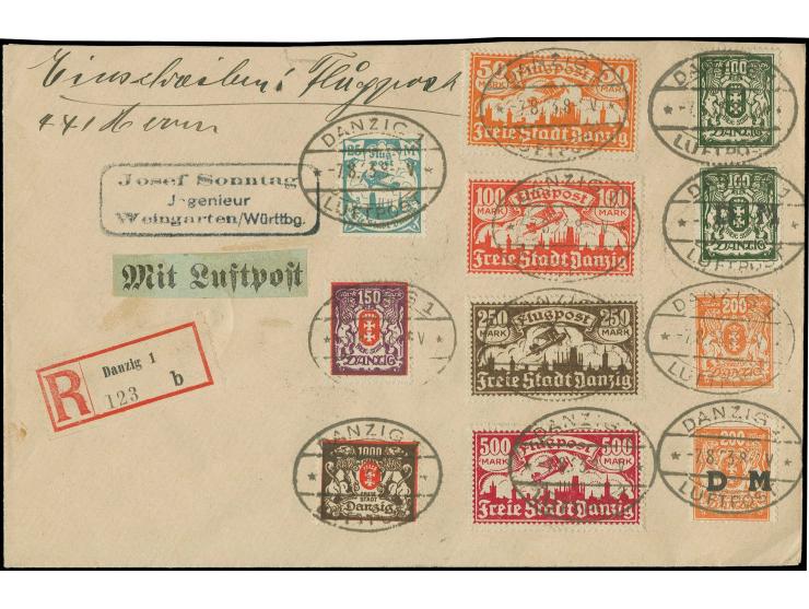 1923, 100 und 200 M. als Freimarken verwendet, mit Zusatzfrankatur Flugpost 25-500 M., Freimarken 150 und 1000 M. auf leicht 