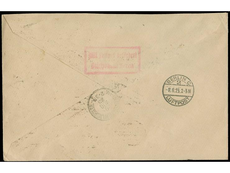 1923, 100 und 200 M. als Freimarken verwendet, mit Zusatzfrankatur Flugpost 25-500 M., Freimarken 150 und 1000 M. auf leicht 