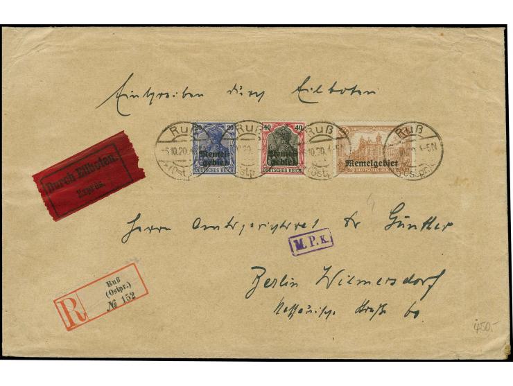 1,50 M. mit Zufrankatur mit Stempel "RUß -6.10.20" auf portogerechtem Eil-R-Brief nach Berlin, einmal senkrecht gefaltet und 