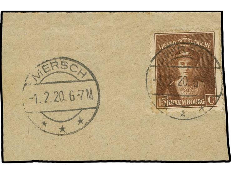  1920, Essay Grand-Duchess Charlotte 15 c., cancelled "MERSCH 1.2.20" on piece with additional strike alongside, fine and rar