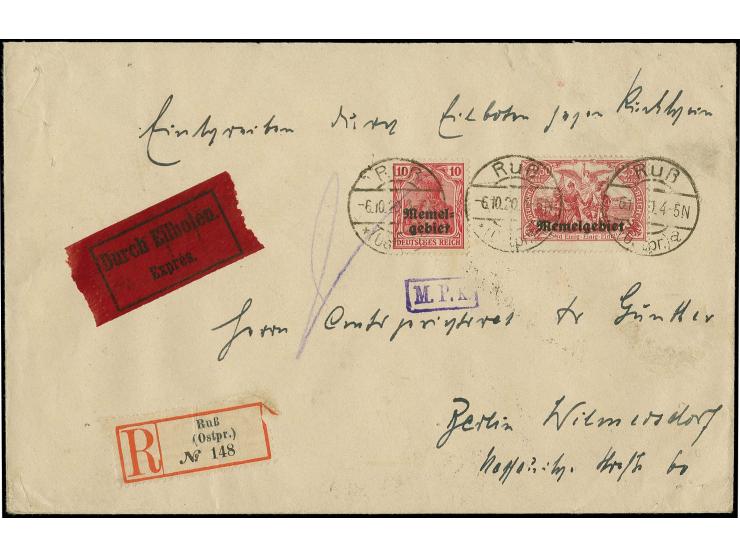 1920, 2,50 M. lilarot und 10 Pfg. mit Stempel "RUß -6.10.20" auf portogerechtem Eilboten-R-Brief gegen Rükschein  nach Berlin