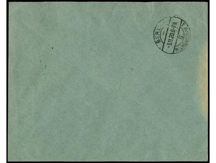 80 pf. auf 45 C. schwärzlicholivgrün mit Zufrankatur mit Stempel "Ruß -1.11.20" auf portogerechtem Eil-R-Brief nach Berlin, d