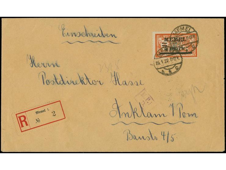 1920, 4m. mit Aufdruckfehler "Wertziffer 4 verdickt" mit Stempel "MEMEL 25.1.22" auf R-Brief nach Anklam, tadellos, Fotoattes
