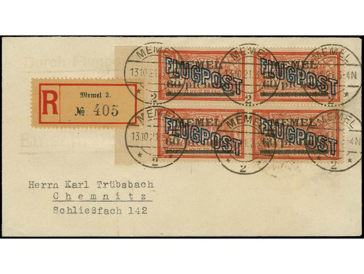 60pfg. auf GC-Papier im Viererblock mit linkem Bogenrand mit Stempel "MEMEL 13.10.21" auf R-Brief nach Chemnitz, unten leicht