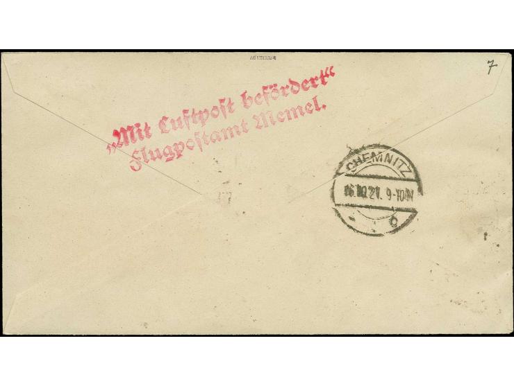 60pfg. auf GC-Papier im Viererblock mit linkem Bogenrand mit Stempel "MEMEL 13.10.21" auf R-Brief nach Chemnitz, unten leicht