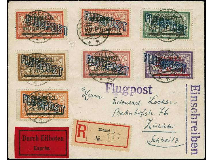 1921, Flugpost 60pfg.-4m. komplett mit Stempel "MEMEL 11.10.21" auf Luftpost Eil-R-Brief nach Zürich, einmal senkrecht gefalt