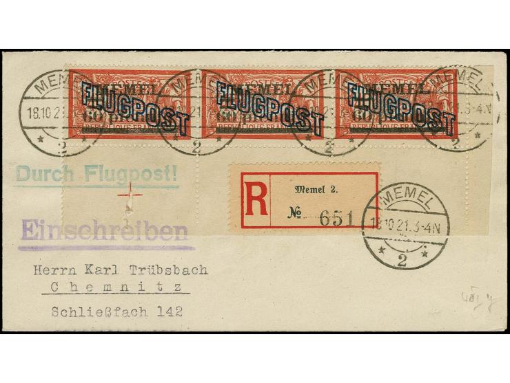 60 pfg. im waagerechtem Dreierstreifen mit Unterrand mit Stempel "MEMEL 18.10.21" auf Flugpost-R-Brief nach Chemnitz, einige 