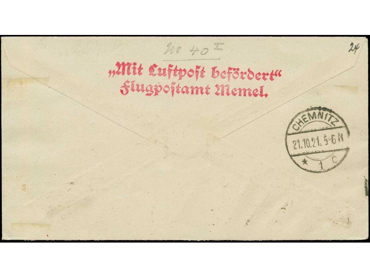 60 pfg. im waagerechtem Dreierstreifen mit Unterrand mit Stempel "MEMEL 18.10.21" auf Flugpost-R-Brief nach Chemnitz, einige 