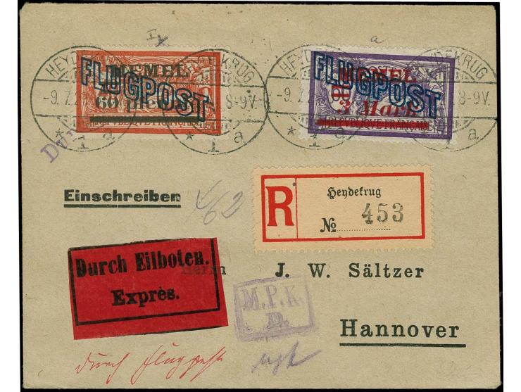 60pfg. und 3M. schwärzlichrotviolett mit Stempel "HEYDEKRUG -9.7.21" auf Eil-R-Brief nach Hannover, innen sign. Huylmans BPP