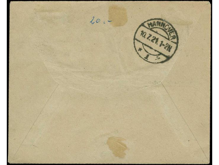 60pfg. und 3M. schwärzlichrotviolett mit Stempel "HEYDEKRUG -9.7.21" auf Eil-R-Brief nach Hannover, innen sign. Huylmans BPP