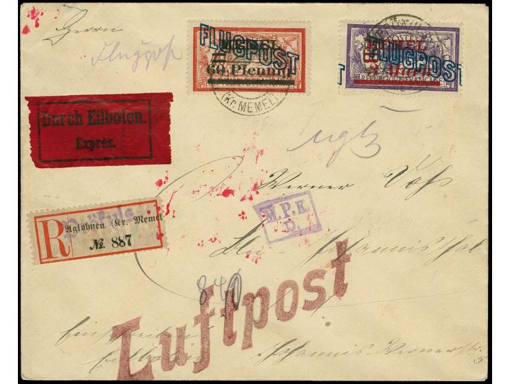 1921, Flugpost 60 Pfg. und 3 M. mit Stempel "PEÖKULS 29.8.21" auf Luftpost-Eil-R-Brief nach Berlin, R-Zettel von Aglohnen mit