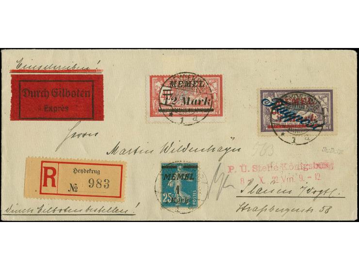 3M. mit Zufrankatur mit Stempel "HEYDEKRUG -7.10.22" auf portogerechtem Eil-R-Brief nach Plauen mit Ankunftsstempel, tadellos