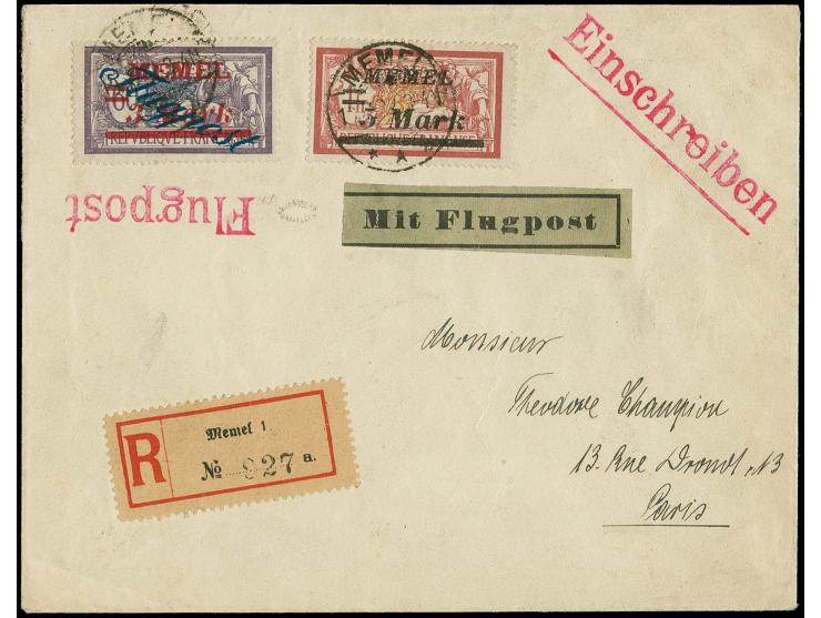 3M. mit Zufrankatur mit Stempel "MEMEL 10.7.22" auf Luftpost-R-Brief nach Paris, tadellos, signiert und Fotoattest Klein und 