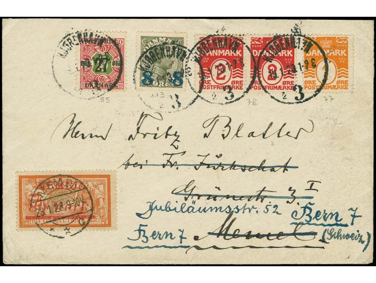 1922, Kursivaufdruck 30-80M. als Nachsendefrankatur auf Brief von Kopenhagen ab "MEMEL 23.1.23" nach Bern, gute Erhaltung, si