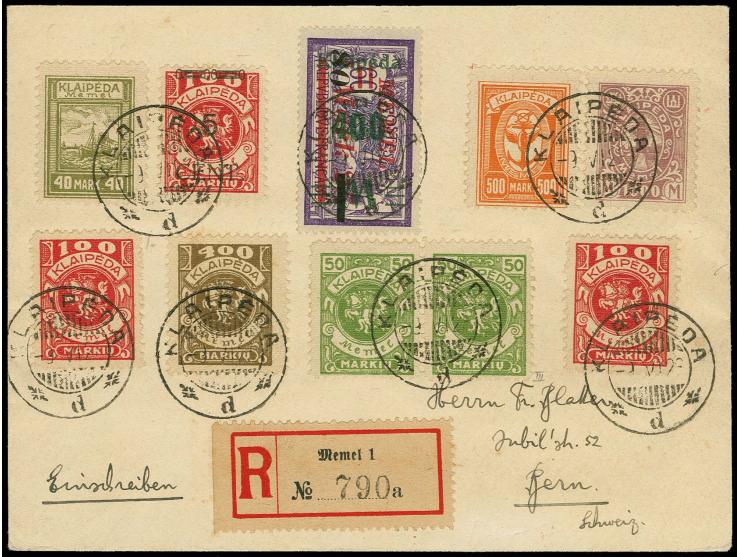 1923, Wappenreiter 50 M. im waagerechtem Paar, die linke Marke mit Plattenfehler III, mit Zufrankatur mit Stempel "KLAIPEDA -