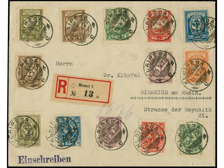 1923, Hafenjubiläum 40-3000M. mit Stempel "KLAIPEDA 15.V.23" auf R-Brief nach Biebrich, tadellos