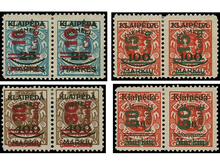 1923, 10-60 C. in waagerechten Typenpaare III-II, Felder 9-10, 15 und 60 C. die linke Marke je mit Plattenfehler "Bruch im Sc