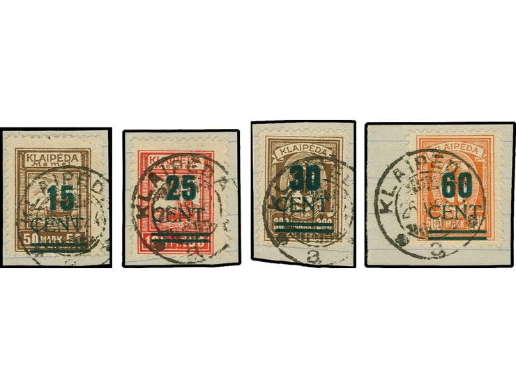 Grünaufdruck 15 C.-60 C., jeweils mit Stempel "KLAIPEDA a 26.IV.24" auf Briefstücken, tadellos, sign. Dr. Petersen BPP und Fo